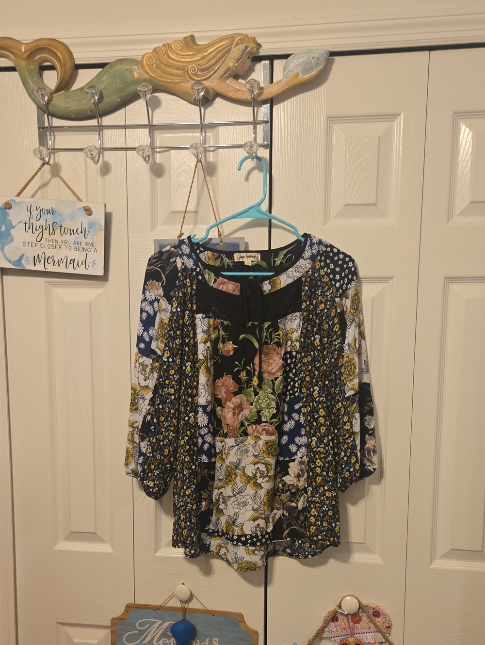 Patchwork Floral Peasant Blouse - Black & Navy